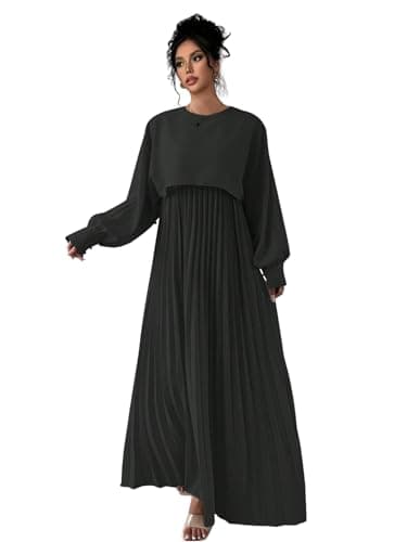 LITZO Dress for Women || Women’s Solid Pleated Maxi Dress || Modest Long Sleeve Loose Fit Flowy Gown for Casual, Office & Brunch || Lightweight Comfortable Western Outfit (T-L-17-18)