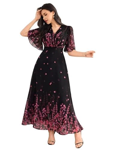 Women's Georgette Dresses Floral Printed One Piece | V Neck Flutter Sleeve Casual Summer Dress with Belt | Elegant Office Wear & Party Dress