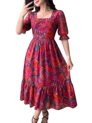 SMOWKLY Women's Georgette Floral Printed Western Gown Half Sleeve V Neck Fit & Flare Flared Hem Design A-Line Maxi Dress Casual Wear