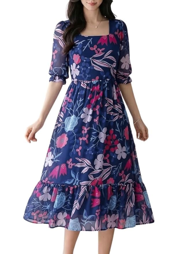 SMOWKLY Women's Georgette Floral Printed Western Gown Half Sleeve V Neck Fit & Flare Flared Hem Design A-Line Maxi Dress Casual Wear