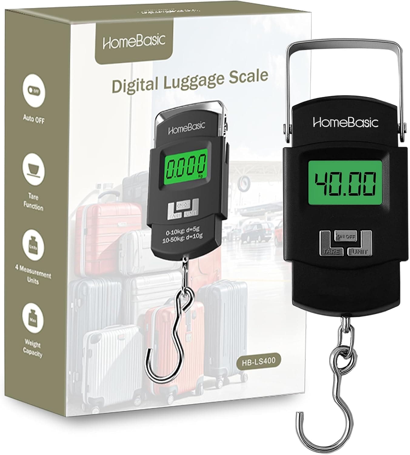 HomeBasic Digital Luggage Weight Scale 50kg | Weighing Machine for Luggage Bags, 4 Weighing Modes (kg/lb/oz/jin), LCD Display, Tare Function, Auto-Off, Portable Travel Weighing Scale (Black)