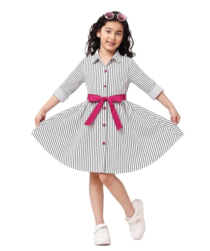 A.T.U.N. (ALL THINGS UBER NICE) Girls 100% Cotton Knee-Length Shirt Dress with Belt | Collared Neck, Full Sleeves | Casual & Party Outfit